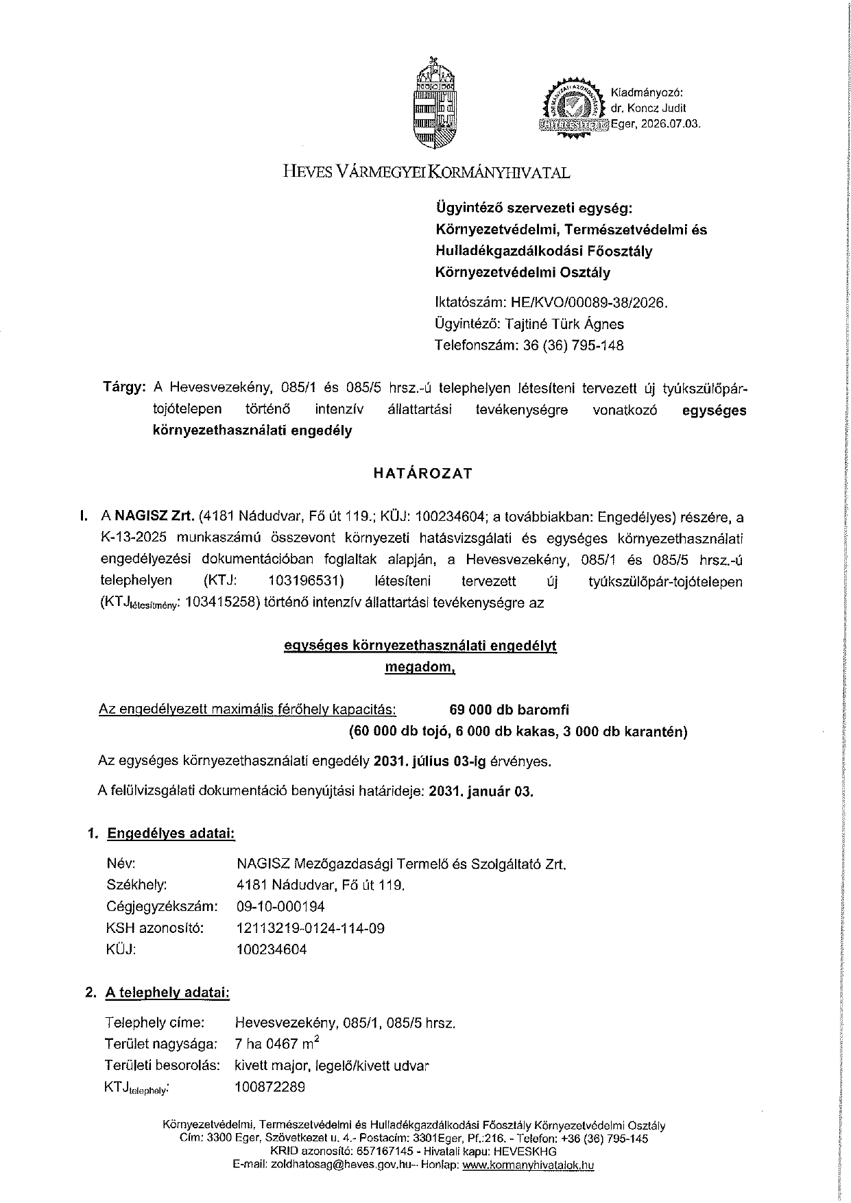 085/1 és 085/5 egységes környezethasználati engedély